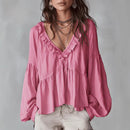 Women’s Flowing V-Neck Top With Gathered Details – Relaxed Elegant Blouse
