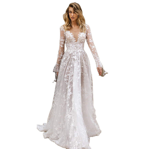 Women's Elegant Deep V-Neck Wedding Dress With Floral Lace Appliqués – Romantic Bridal Gown
