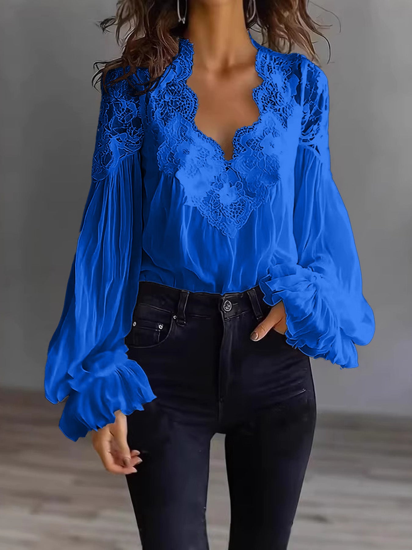 Women’s Long Puff Sleeve Lace Blouse – Elegant Vintage Style Top