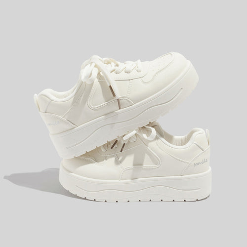 Women's Stylish Laced Up Beige Leather Sneakers With Platform Sole