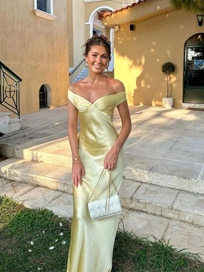 2025欧美女装时尚优雅修身缎面一字肩晚礼服连衣裙
