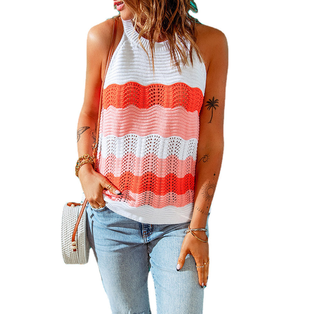 Women's Sleeveless Knit Top – Colorful Wave Pattern Casual Summer Tank
