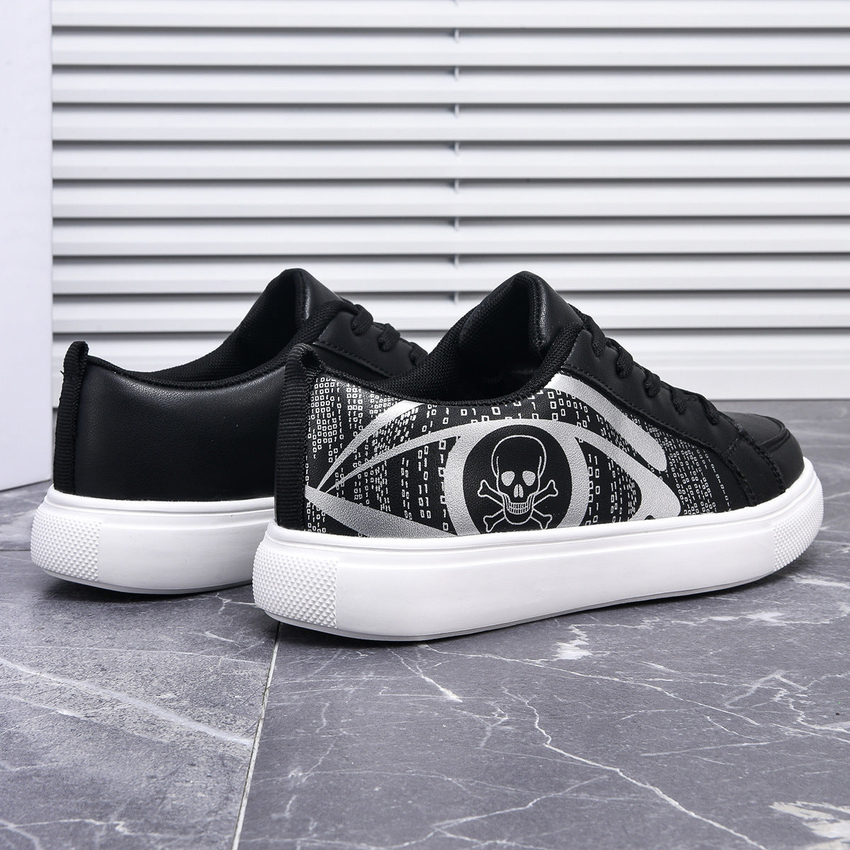 Women’s Black Lace-Up Sneakers With Skull Print – Cushioned Comfort Shoes