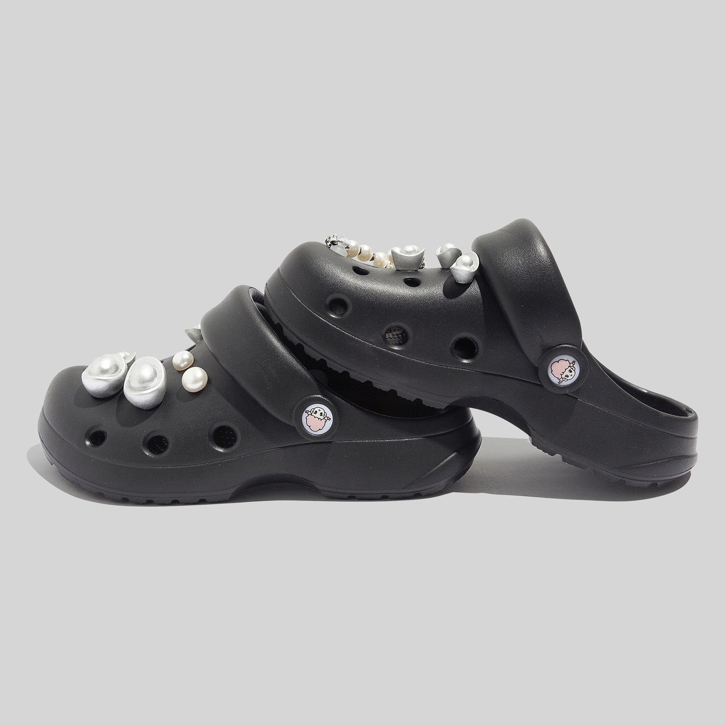 Women's Durable Black Clogs With Decorative Pearls And Beads