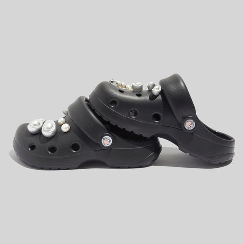 Women's Durable Black Clogs With Decorative Pearls And Beads