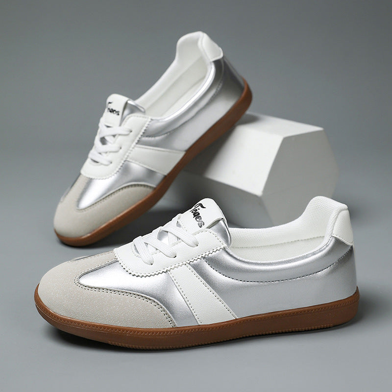 Women’s Trendy Laced-Up Faux Leather Sneakers – Cushioned Everyday Comfort