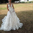 Women's V-Neck Sleeveless Lace Flowing Wedding Gown – Elegant Bridal Dress