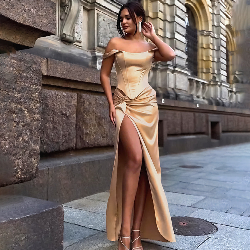 Women's Gold-Toned Off-The-Shoulder Corset Satin Evening Gown – Luxury Formal Dress