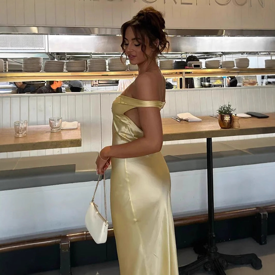 2025欧美女装时尚优雅修身缎面一字肩晚礼服连衣裙