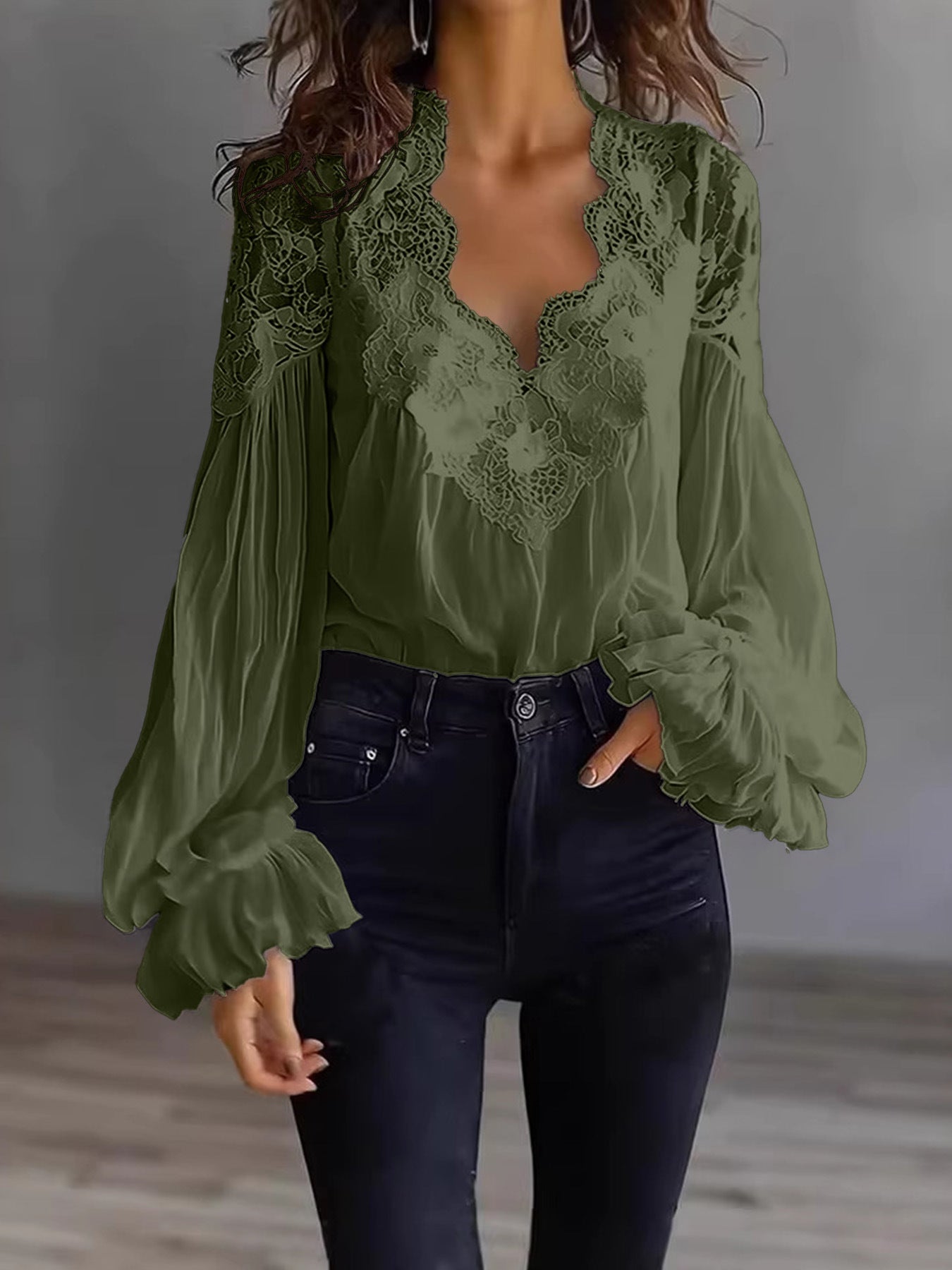 Women’s Long Puff Sleeve Lace Blouse – Elegant Vintage Style Top