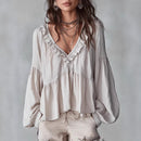Women’s Flowing V-Neck Top With Gathered Details – Relaxed Elegant Blouse
