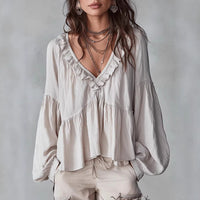 Women’s Flowing V-Neck Top With Gathered Details – Relaxed Elegant Blouse