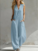 Women’s Sleeveless V-Neck Jumpsuit – Wide Leg With Pockets