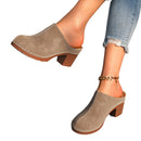 Women's Black Suede-Like Block Heel Mules With White Stitching