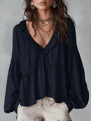 Women’s Flowing V-Neck Top With Gathered Details – Relaxed Elegant Blouse