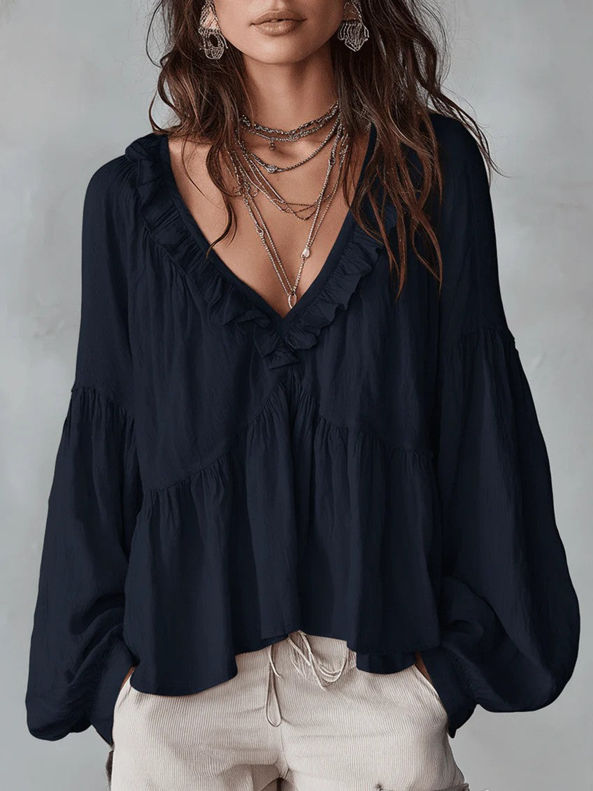 Women’s Flowing V-Neck Top With Gathered Details – Relaxed Elegant Blouse