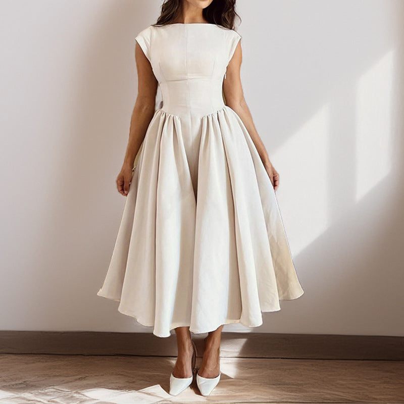 Women's High Neck Line Midi Dress with Gathers - Elegant Sleeveless Cocktail Dress
