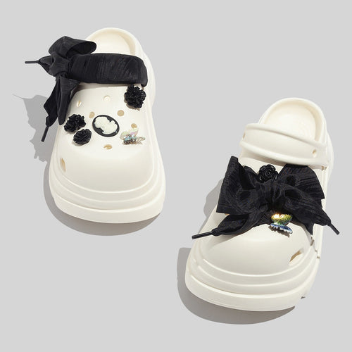 Women's Fashionable White Chunky Clogs With Appliques And Accessories