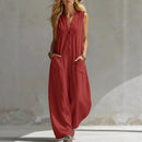 Women’s Sleeveless V-Neck Jumpsuit – Wide Leg With Pockets