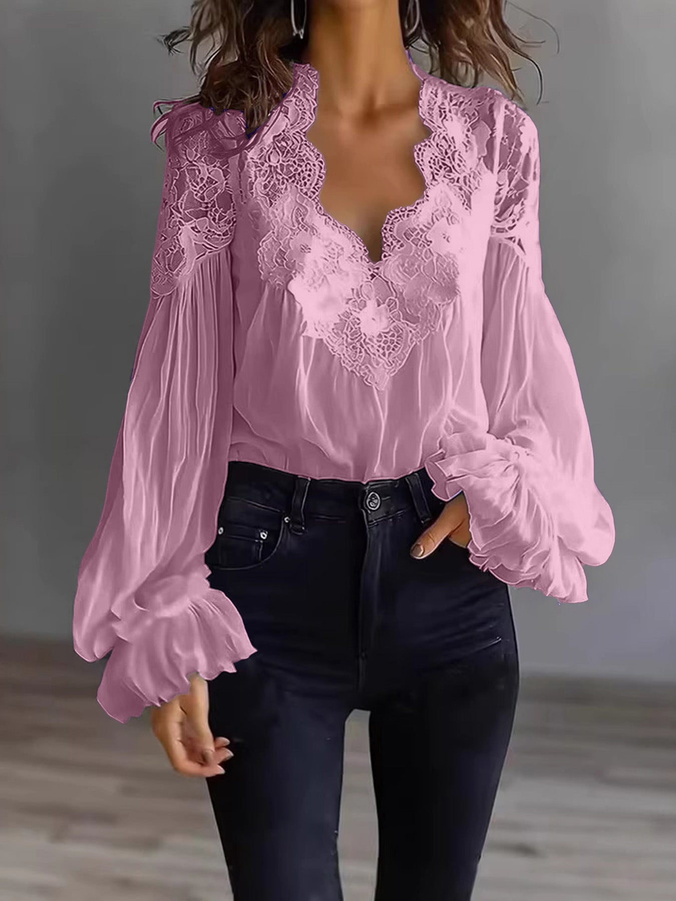 Women’s Long Puff Sleeve Lace Blouse – Elegant Vintage Style Top