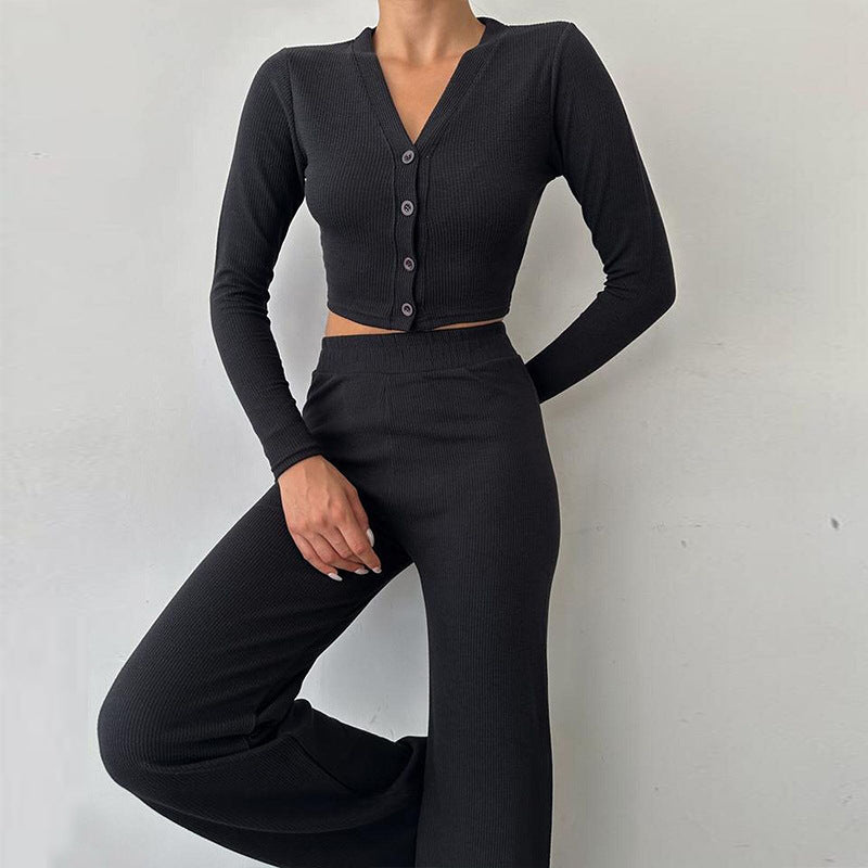Women’s Fitted Crop Top And High Waist Pants Set – Buttoned Lounge Outfit
