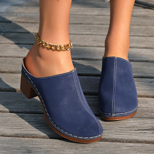 Women's Black Suede-Like Block Heel Mules With White Stitching