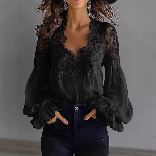 Women’s Long Puff Sleeve Lace Blouse – Elegant Vintage Style Top