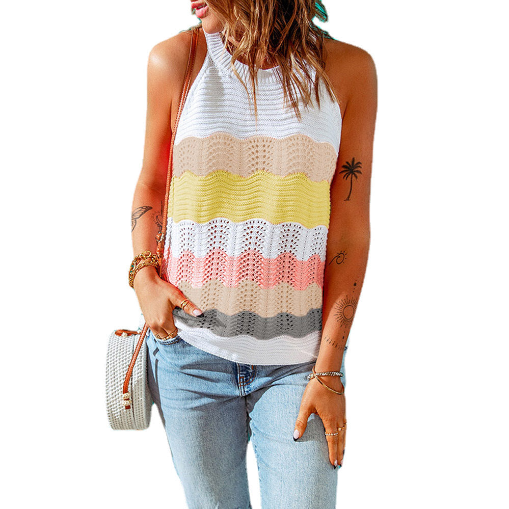 Women's Sleeveless Knit Top – Colorful Wave Pattern Casual Summer Tank
