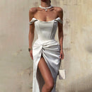 Women's Gold-Toned Off-The-Shoulder Corset Satin Evening Gown – Luxury Formal Dress