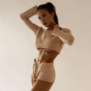 Women's Knitted Cropped Longsleeve Top and Shorts Set – Stylish Beachwear Two-Piece