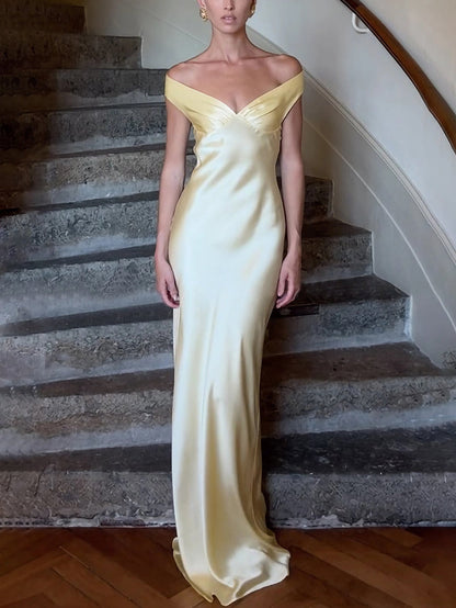 2025欧美女装时尚优雅修身缎面一字肩晚礼服连衣裙