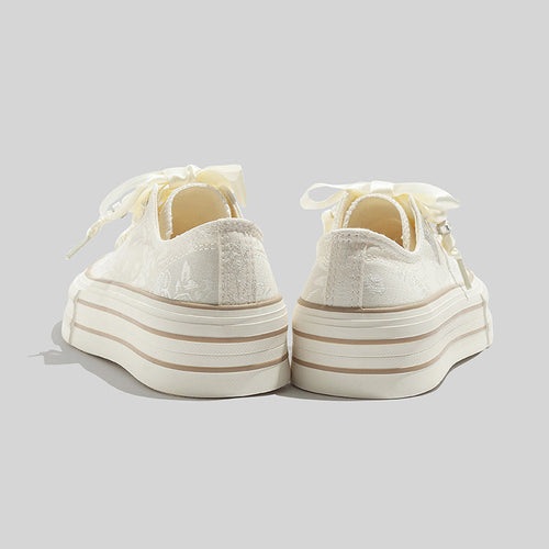 Women's Beige Platform Sneakers With Elegant Satin Lacing