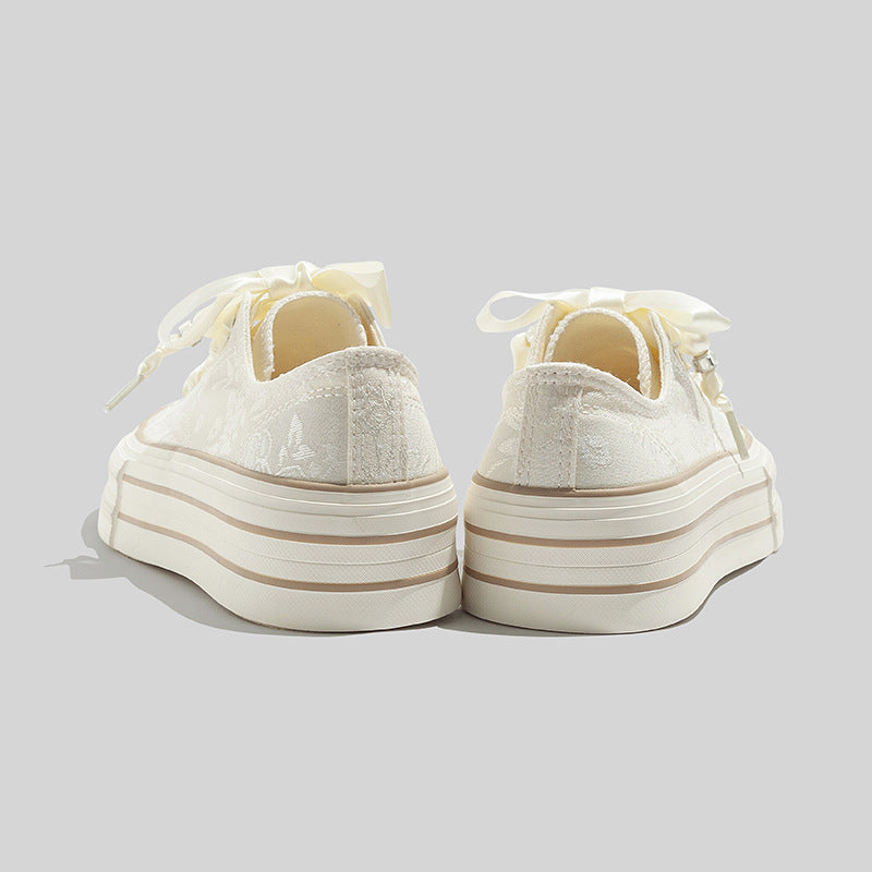 Women's Beige Platform Sneakers With Elegant Satin Lacing