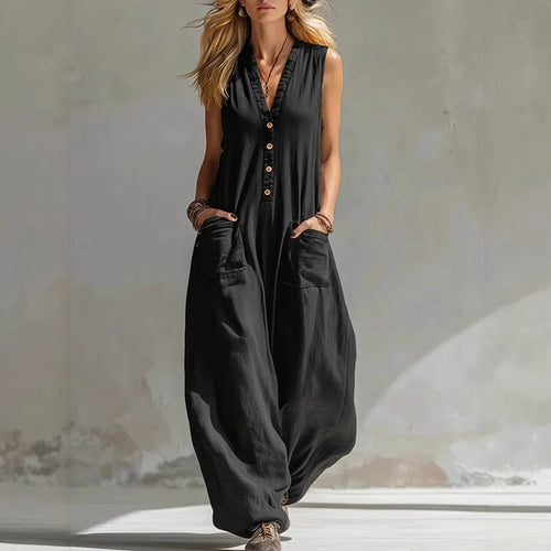 Women’s Sleeveless V-Neck Jumpsuit – Wide Leg With Pockets