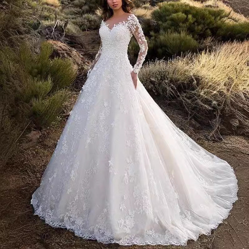 Women's Elegant Lace Detailed Wedding Dress With Voluminous Skirt – Princess Bridal Gown