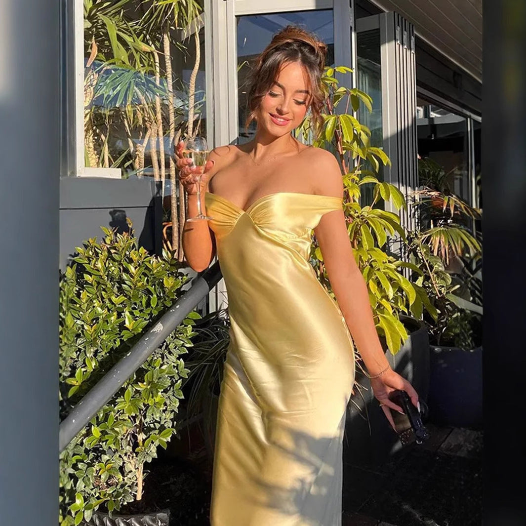 2025欧美女装时尚优雅修身缎面一字肩晚礼服连衣裙