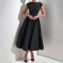 Women's High Neck Line Midi Dress with Gathers - Elegant Sleeveless Cocktail Dress