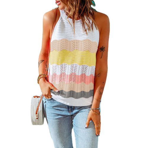 Women's Sleeveless Knit Top – Colorful Wave Pattern Casual Summer Tank