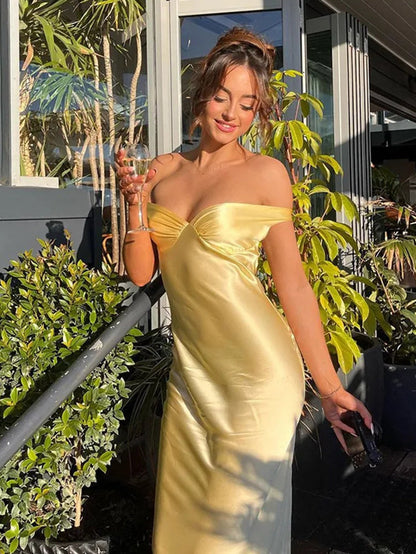 2025欧美女装时尚优雅修身缎面一字肩晚礼服连衣裙