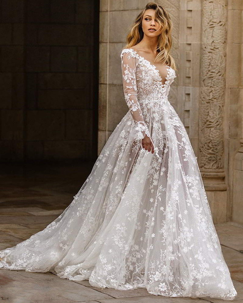 Women's Elegant Deep V-Neck Wedding Dress With Floral Lace Appliqués – Romantic Bridal Gown