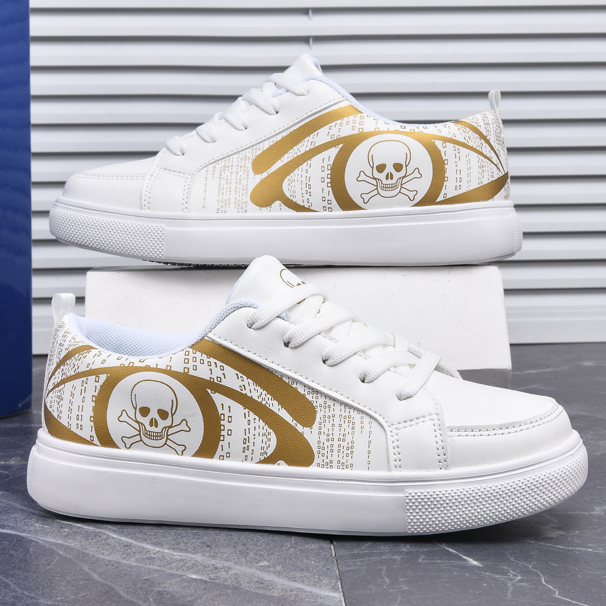 Women’s Black Lace-Up Sneakers With Skull Print – Cushioned Comfort Shoes