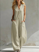 Women’s Sleeveless V-Neck Jumpsuit – Wide Leg With Pockets