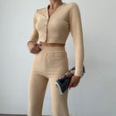 Women’s Fitted Crop Top And High Waist Pants Set – Buttoned Lounge Outfit