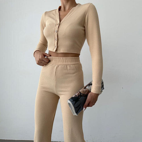 Women’s Fitted Crop Top And High Waist Pants Set – Buttoned Lounge Outfit
