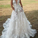 Women's V-Neck Sleeveless Lace Flowing Wedding Gown – Elegant Bridal Dress
