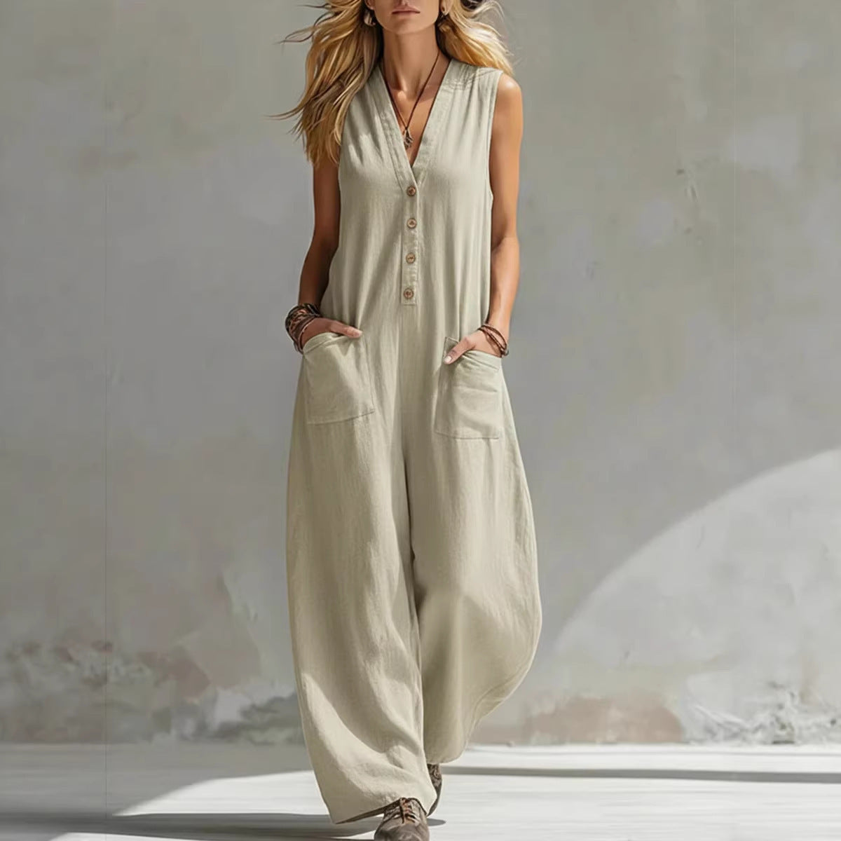 Women’s Sleeveless V-Neck Jumpsuit – Wide Leg With Pockets