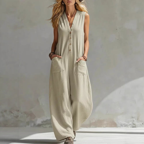 Women’s Sleeveless V-Neck Jumpsuit – Wide Leg With Pockets