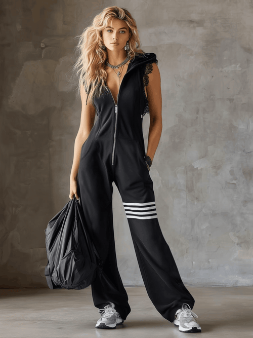 Women’s Sleeveless Long Jumpsuit - Hoodie Striped Casual Outfit