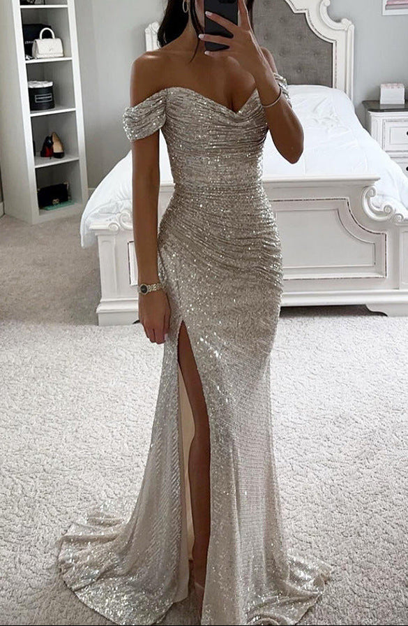 Off-the-Shoulder Sequin Maxi Dress: Dazzle at Evening Events