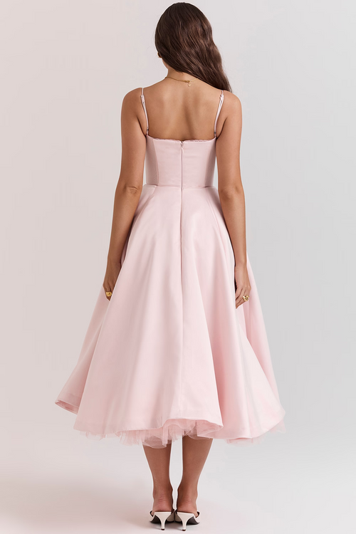 Pink Satin Midi Dress: Flattering Fit for Weddings & Special Events 4